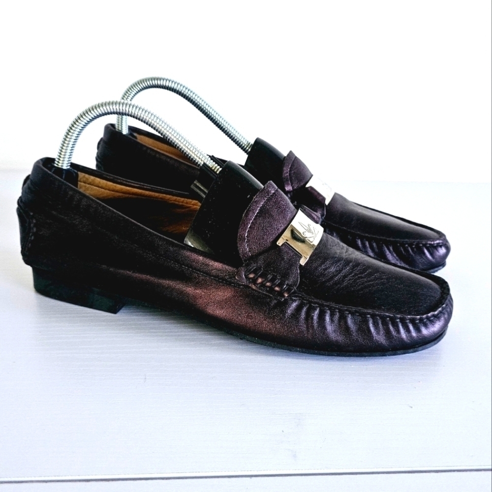 Michael Toschi Slip On Metallic Black Leather  Women's Loafers Size 40.5
